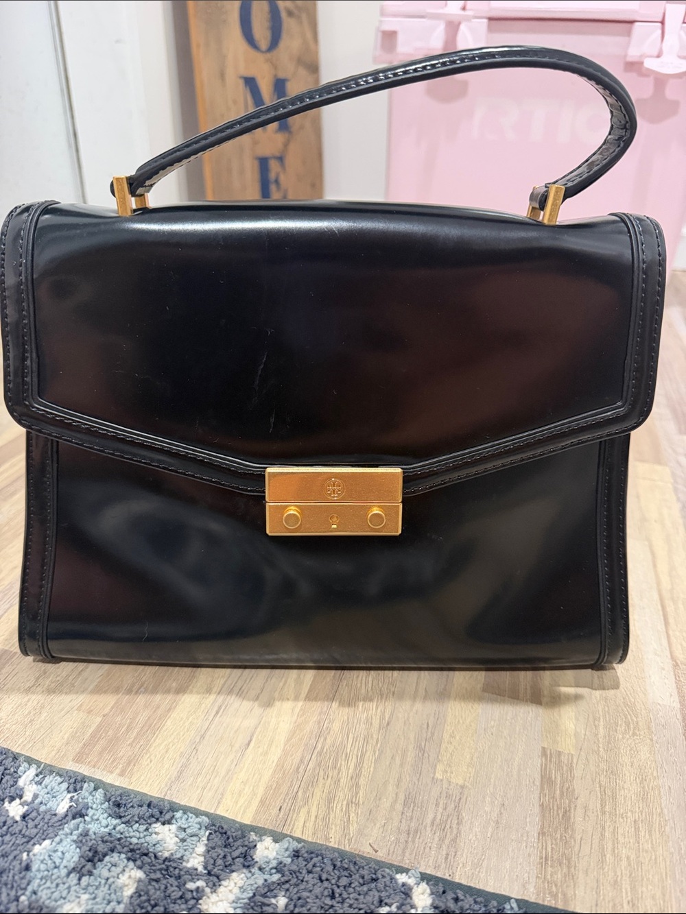 Tory Burch Structured Black Leather Top-Handle Satchel with Gold-Tone Lock